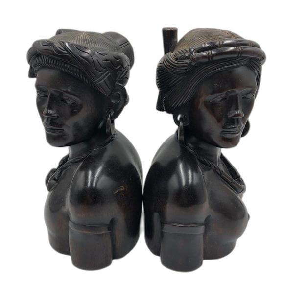 Vintage Set of 2 Wood Carved Busts Figurines Tribal Tabletop Brown Male Female - Picture 3 of 13